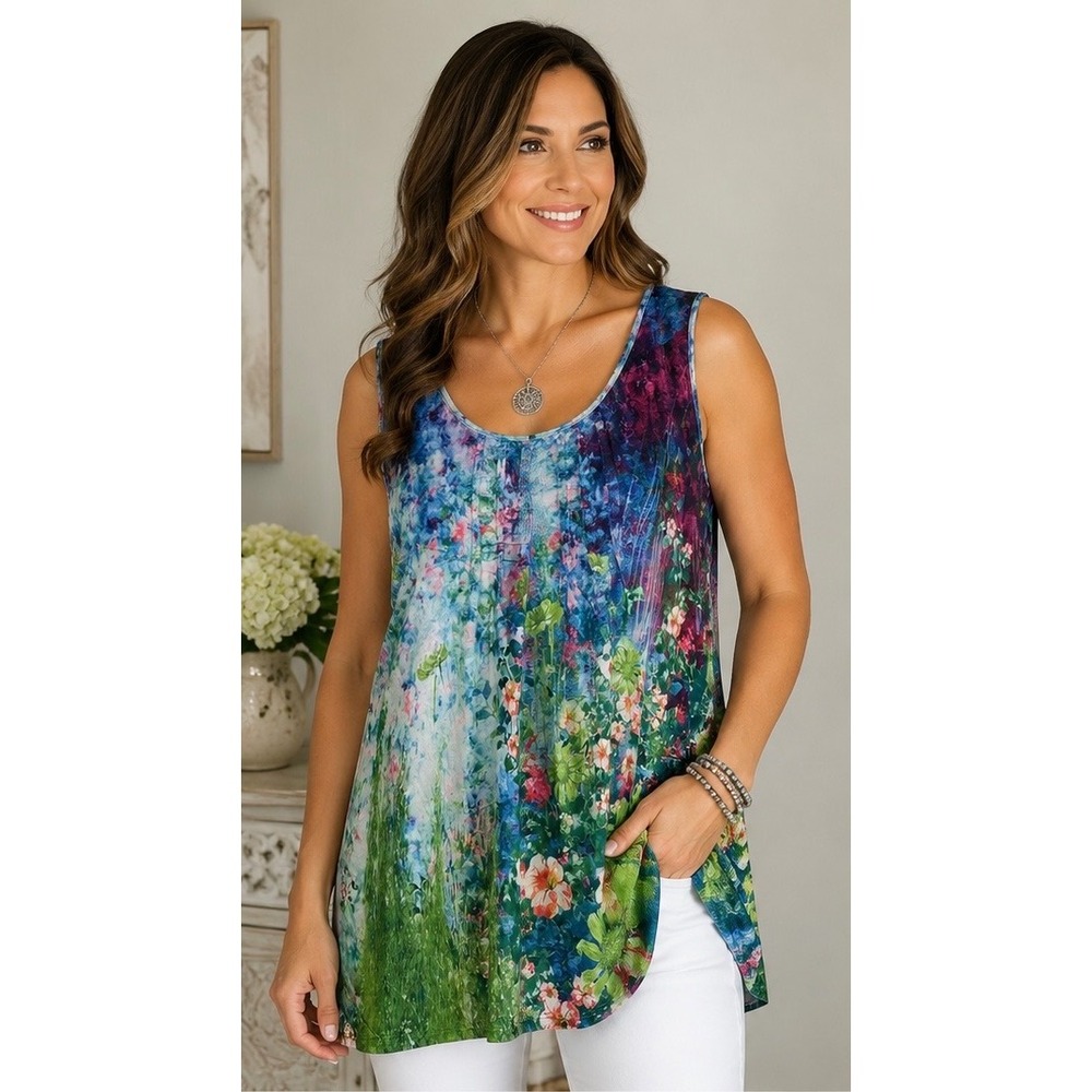 Lily by Firmiana 1XL Vibrant Garden Floral Pleated Sleeveless Tunic Top NWT